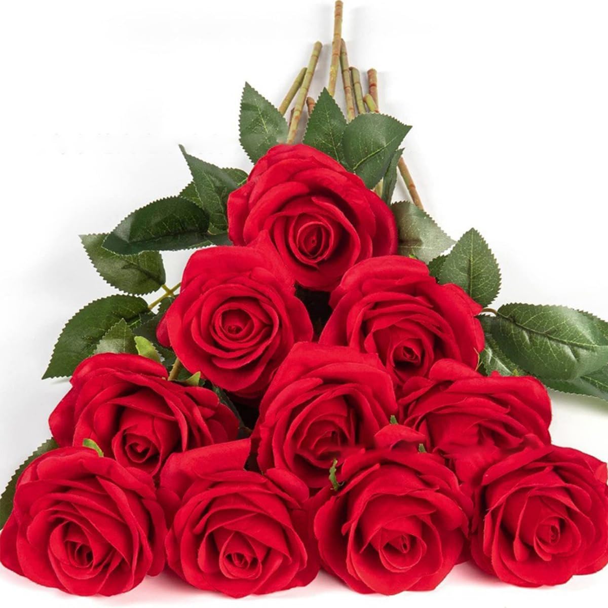 - 10本セット 花束 ブーケ 造花 バラ ローズ 薔薇 リアル 花径7cm 長さ50cm 枯れない 花粉なし 手入れ不要 バレンタインデー 母の日 結婚式 誕生日 ウェディング ホームデコレーション ギフト (レッド)