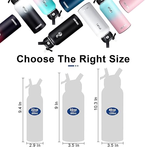 Miniatura 5 de Lumesner Botella de agua de acero inoxidable aislada al vacío, 40.6 fl oz32.1 fl oz22.0 fl oz, 2 tapas (tapa de popote y tapa de boquilla), botella