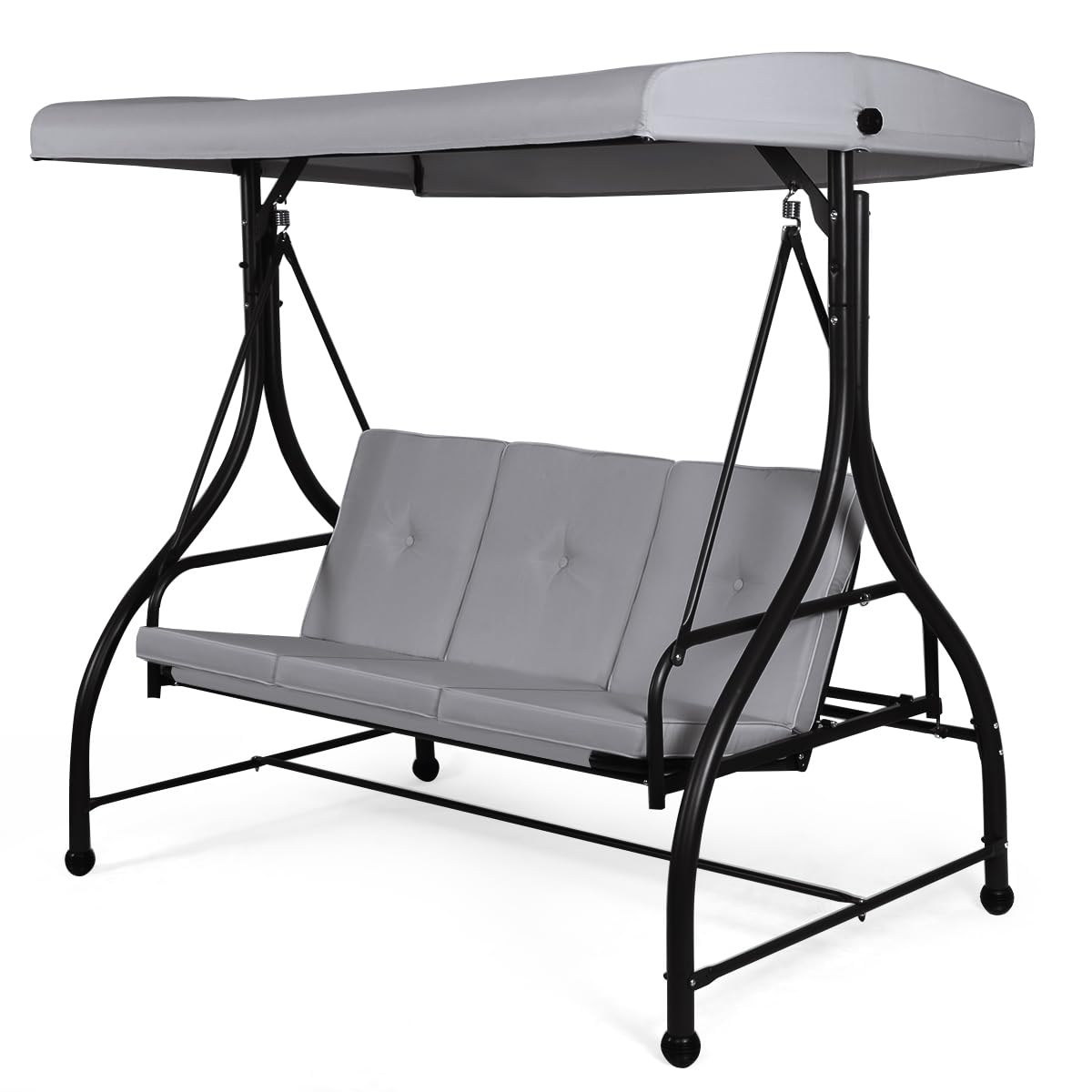 COSTWAY 3 Seater Garden Swing Chair, Convertible Outdoor Hammock Bench Chair with Adjustable Canopy and Cushions, Steel Frame Porch Patio Swing Seat Lounger for Balcony, Deck and Poolside (Grey)
