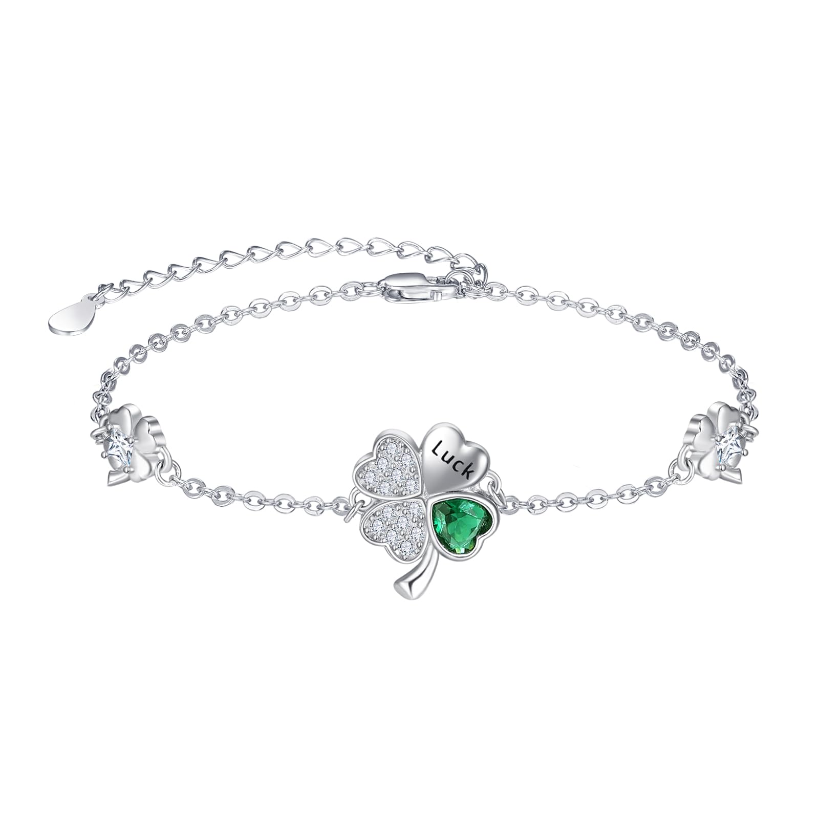 KINGWHYTE Bracciale in argento Sterling 925, quadrifoglio, portafortuna, con quadrifoglio, verde, San Patrizio, regalo irlandese per le donne, Non conosciuto, Taglia unica