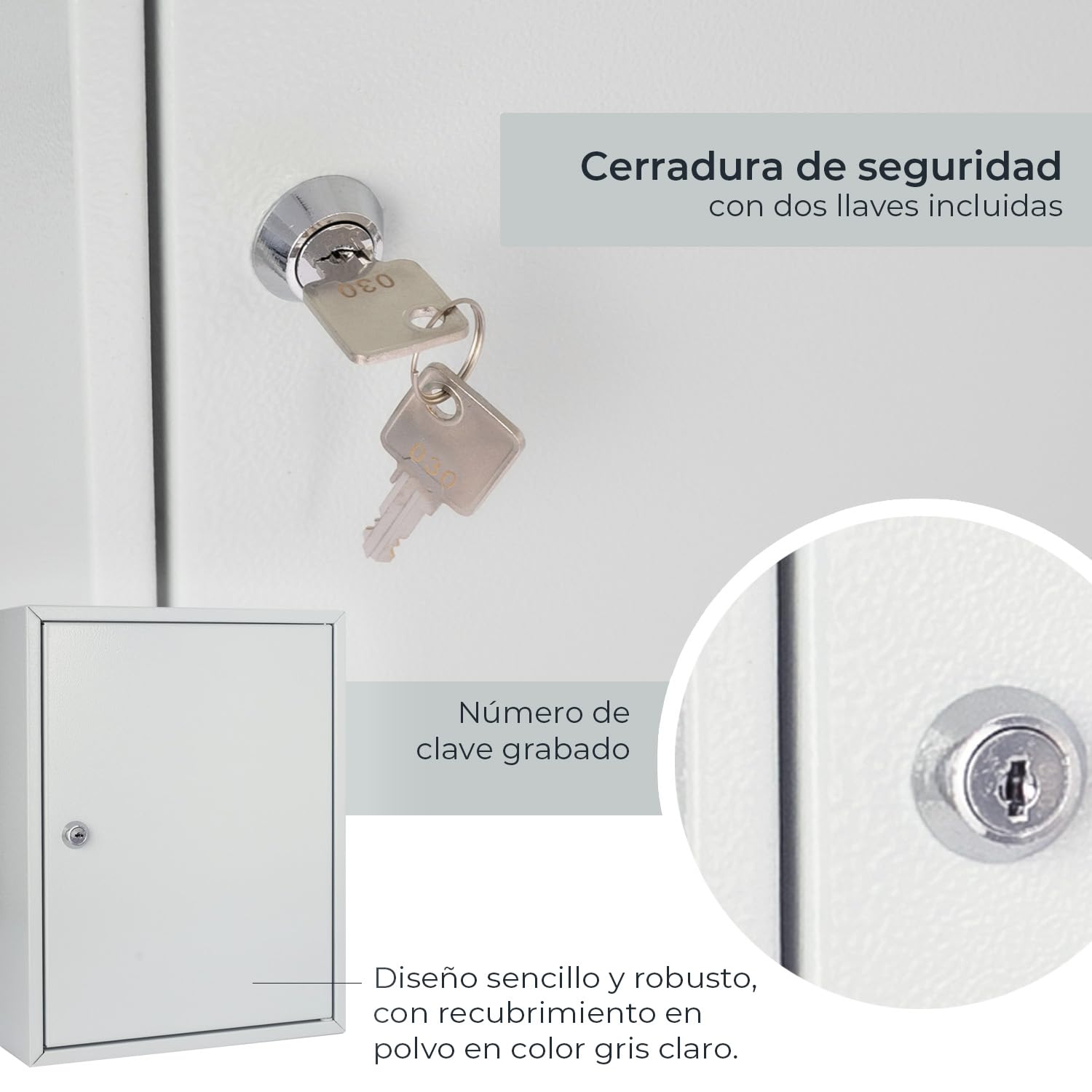 HMF Armario para Llaves de Acero, Caja de Llaves con Cerradura para Oficina, administración o Flota de vehículos | 42 Ganchos para Llaves | 35 x 27 x 8 cm | Gris Claro