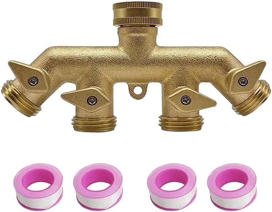 3/4" Solid Brass Garden Hose Adapter 4 Way Tap Connectors Distributor Switch Valve Garden Water Splitters Hose Connector for Watering Irrigation flowerbeds, lawns, Vegetable and herb