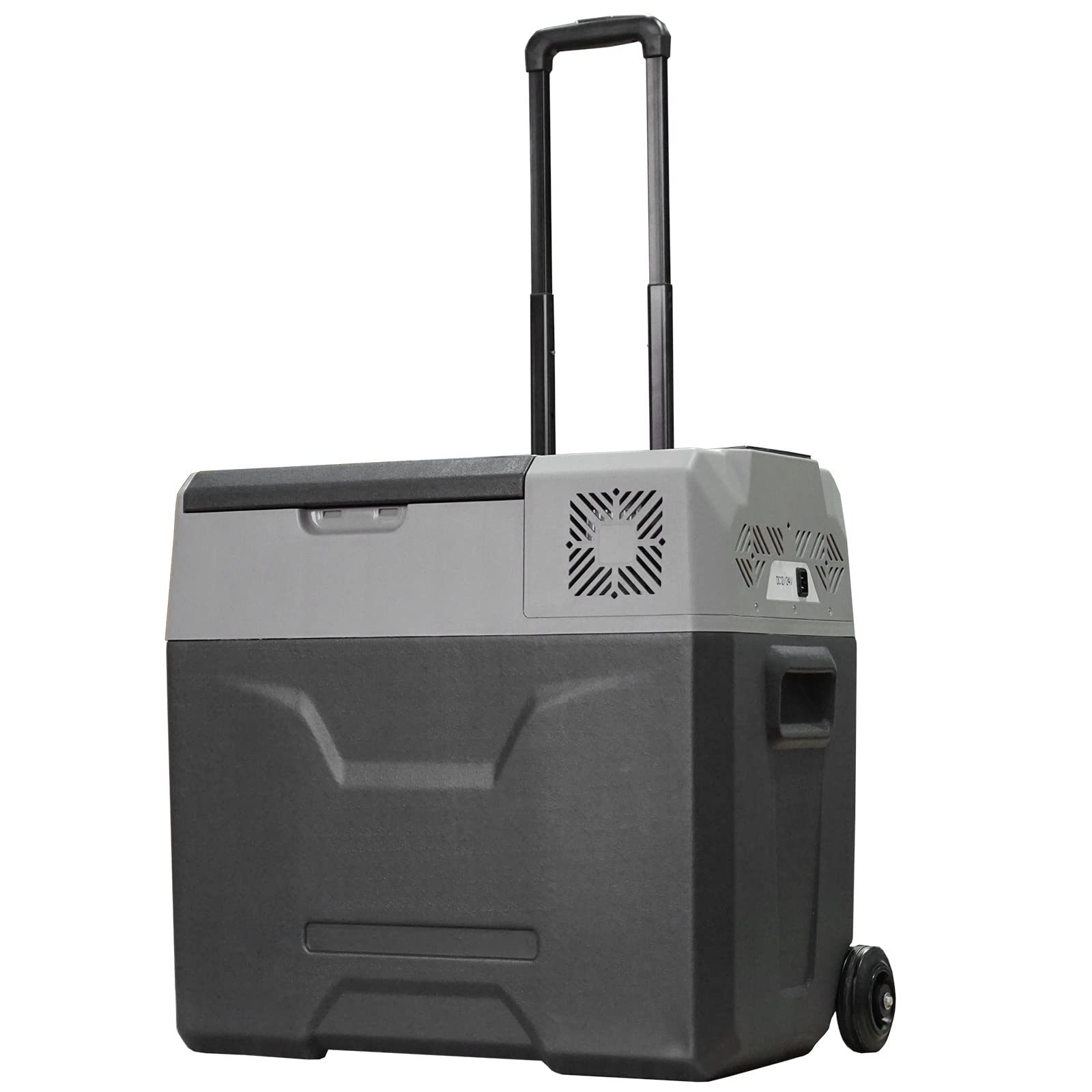 HOMCOM Frigorifero Portatile per Auto 50L 12/24V DC 110-240V AC, Frigo Portatile con Pannello Touch, Maniglia e 2 Rotelle, in Alluminio e Plastica, per Barca, Camper, 58.6x37.8x54.5 cm, Grigio