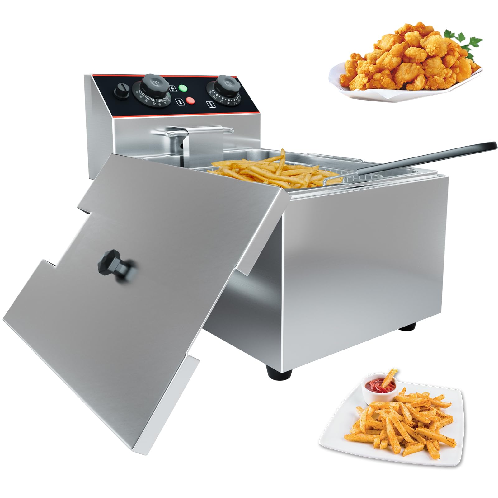GarveeHome Commercial Deep Fryer with Basket, 11.55 QT/11 L Stainless Steel Electric Countertop Fryer with Temperature Control for Restaurant and Home Use, 1500 W