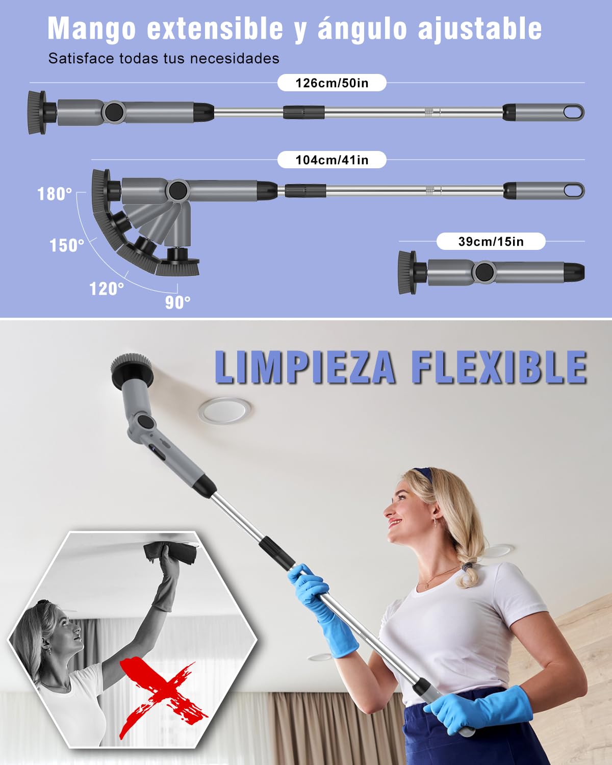 Cepillo De Limpieza EléCtrico Hogar, [4 ángulos Ajustables] [Pantalla de Batería] Homtronics Fregadora Giratoria Eléctrica with 8 Cepillo Reemplazable, 450RPM de Alta Potencia para Baño, Cocina, Coche