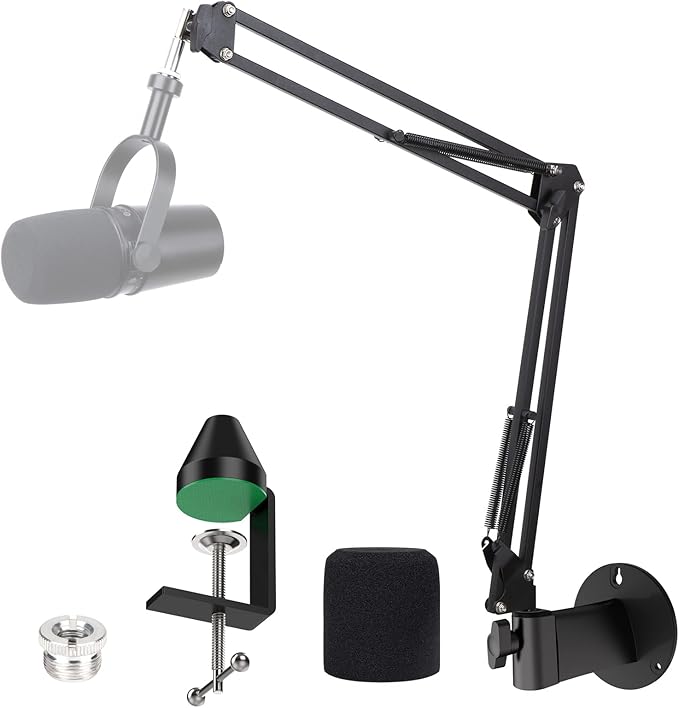 MV7 Wall Mount Boom Arm Stand with Mic Cover Foam and Table Mount Clamp