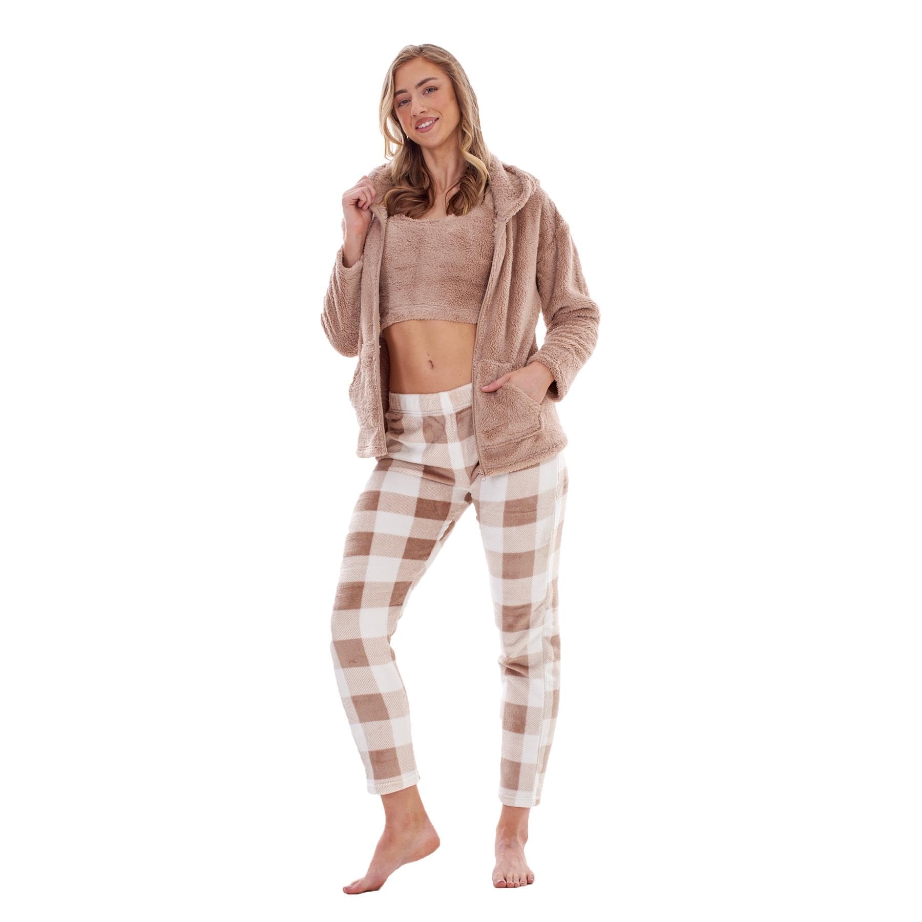 Keanu Women's Taupe Check 3 Piece Snuggle Pyjamas - Warm Fleece Hooded Zip Up Top With Crop Top Pyjama Sets For - Supersoft Flannel Fleece Hoodie Check Bottoms - Sizes 8-20 (, 8-10)