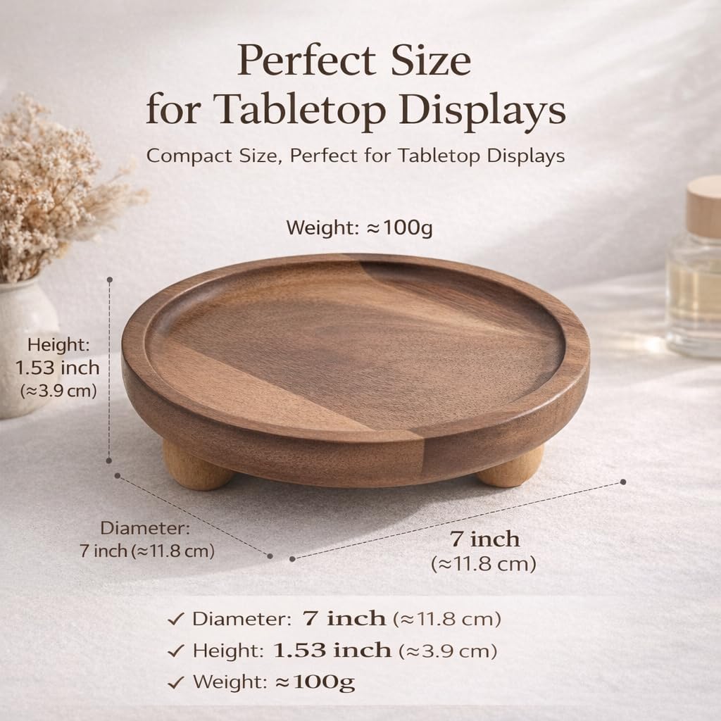 Wooden Riser for Display, 7 Inch Round Wood Riser Pedestal Stand, Small Round Wooden Tray & Wood Pedestal Tray, Elevated Tray for Candles Plants Bottles Vases, Farmhouse Tabletop Entry Table Centerpiece Decor