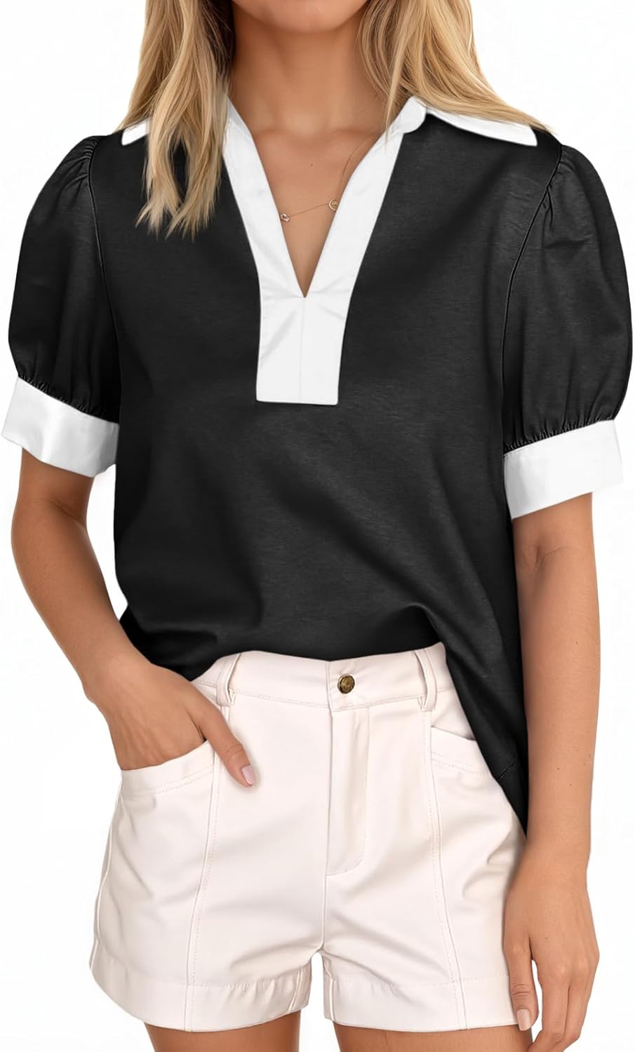 Tankaneo Womens Short Puff Sleeve Tops Summer Casual Color Block Blouses Lapel V Neck Loose Polo Shirts