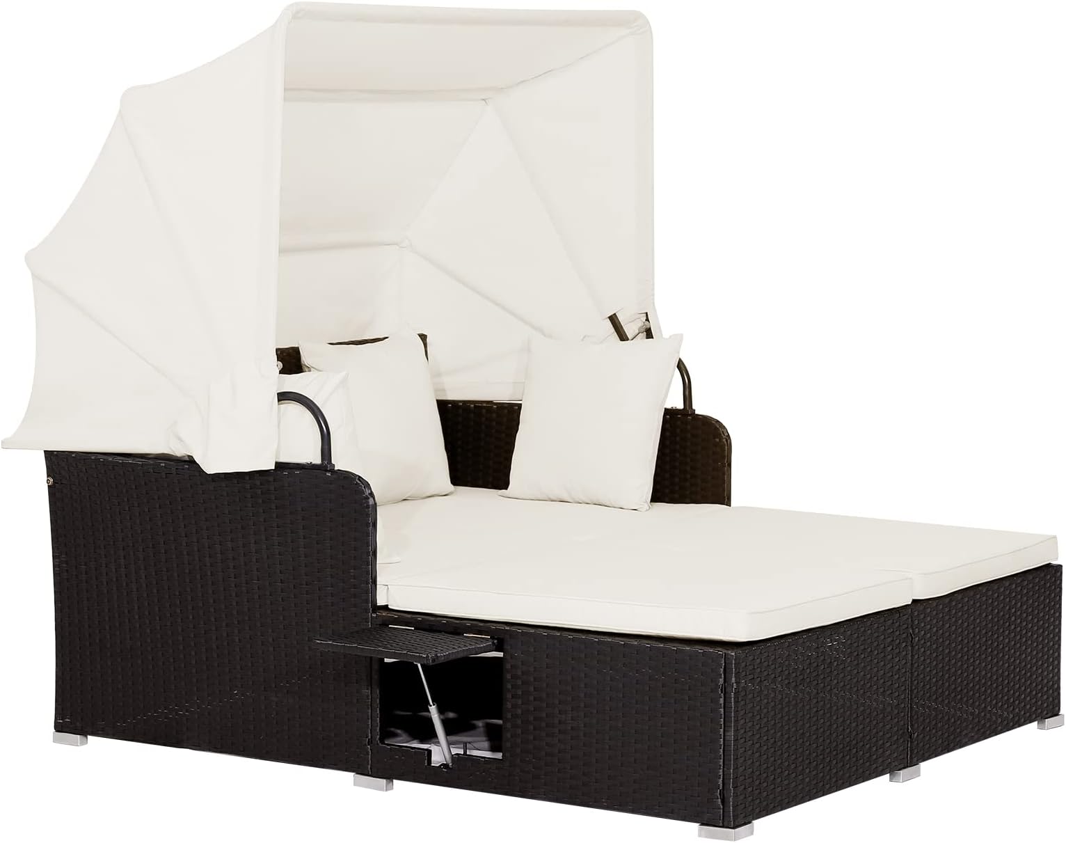 RELAX4LIFE Outdoor Wicker Lounge Daybed - PE Rattan Sunbed with Retractable Canopy, Cushions, Pillows, 2 Folding Side Trays, Patio Double Conversation Bed for Porch, Yard, Garden,Poolside (Off White)