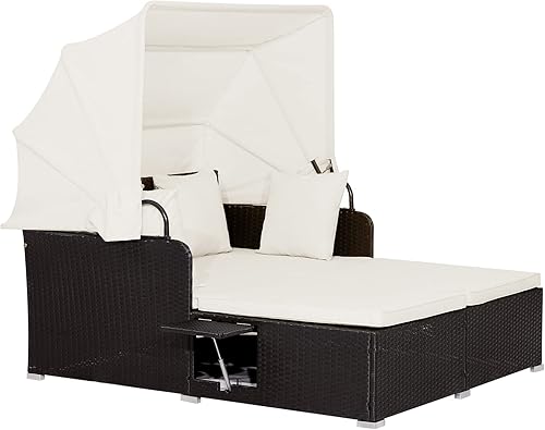 Miniatura 11 de RELAX4LIFE Sofá cama para patio al aire libre con toldo, tumbona de mimbre con cojines, 4 almohadas y 2 bandejas laterales retráctiles, conversación