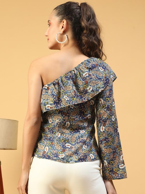 Image of oxolloxo Women Multicolor Floral Print One -Off Shoulder Top with Ruffle Detail