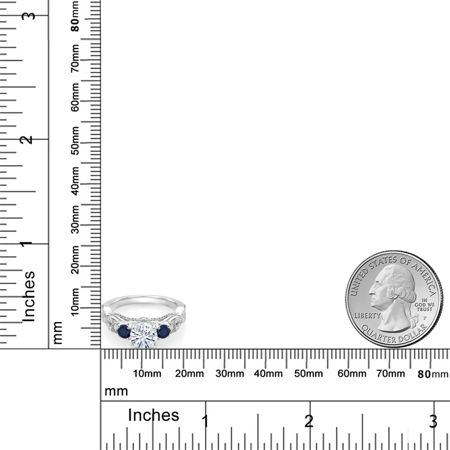 Gem Stone King 1.37 Cttw White Moissanite and Blue Sapphire Engagement Ring For Women | 925 Sterling Silver | Round 6MM and 3MM | Wedding Engagement Anniversary Promise Ring For Women