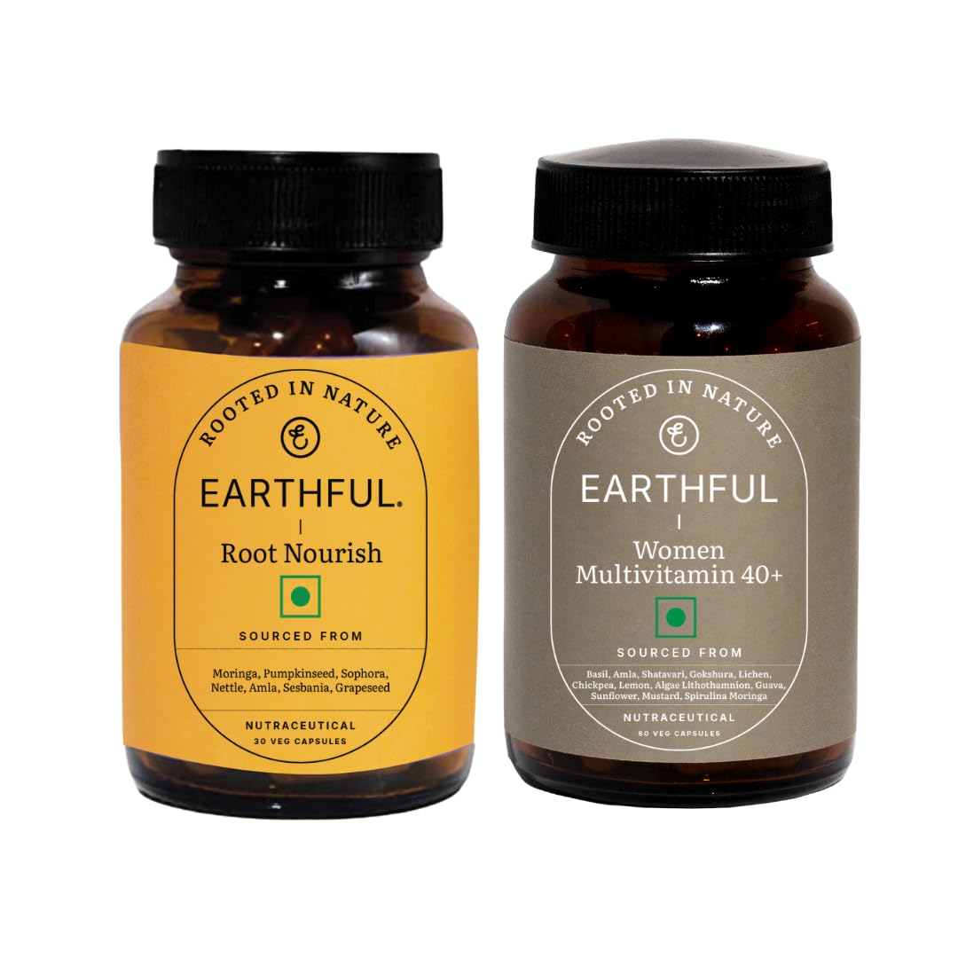 Earthful Menopause Hair Care Combo | Multivitamin Women 40+ & Root Nourish Capsules | 100% Plant, Non-Synthetic | For Hair Health, Hormonal Balance | With Biotin, Grape Seeds, Vitamin D3 & K2