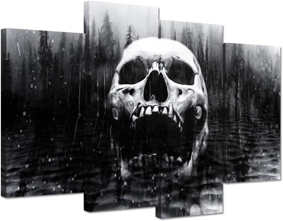 iHAPPYWALL Halloween Day of Dead Skull in Dark Foggy Lake Abstract Black and White Contemporary Picture Print 4 Panel Large Canavs for Modern Home Decoration Ready to Hang