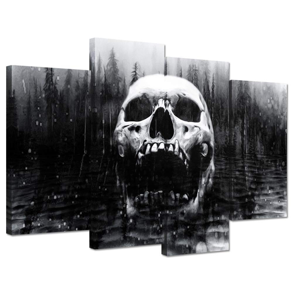 iHAPPYWALL Halloween Day of Dead Skull in Dark Foggy Lake Abstract Black and White Contemporary Picture Print 4 Panel Large Canavs for Modern Home Decoration Ready to Hang