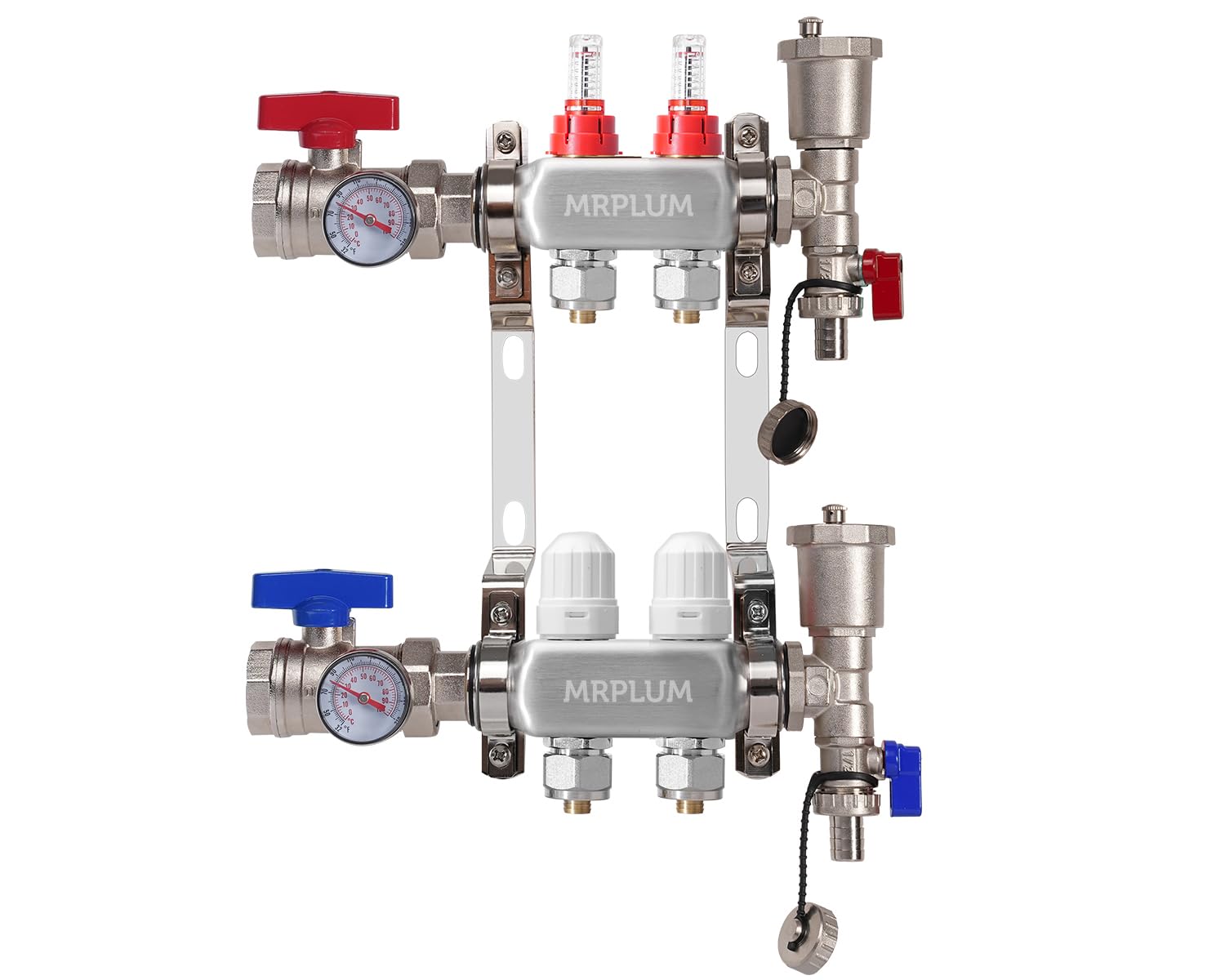 Colector de calor radiante de 2 ramas, colector PEX de acero inoxidable con salidas compatibles para calefacción de suelo radiante hidrónico (adaptadores de 1,27 cm incluidos)