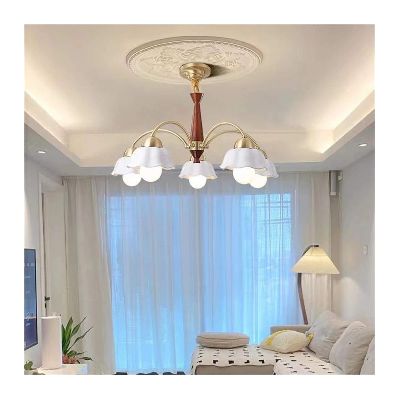 YUFENG Salon scandinave V-intage - Lampe de luxe en porcelaine blanche tout en laiton Ambiance Salle à manger Lumières de chambre à coucher