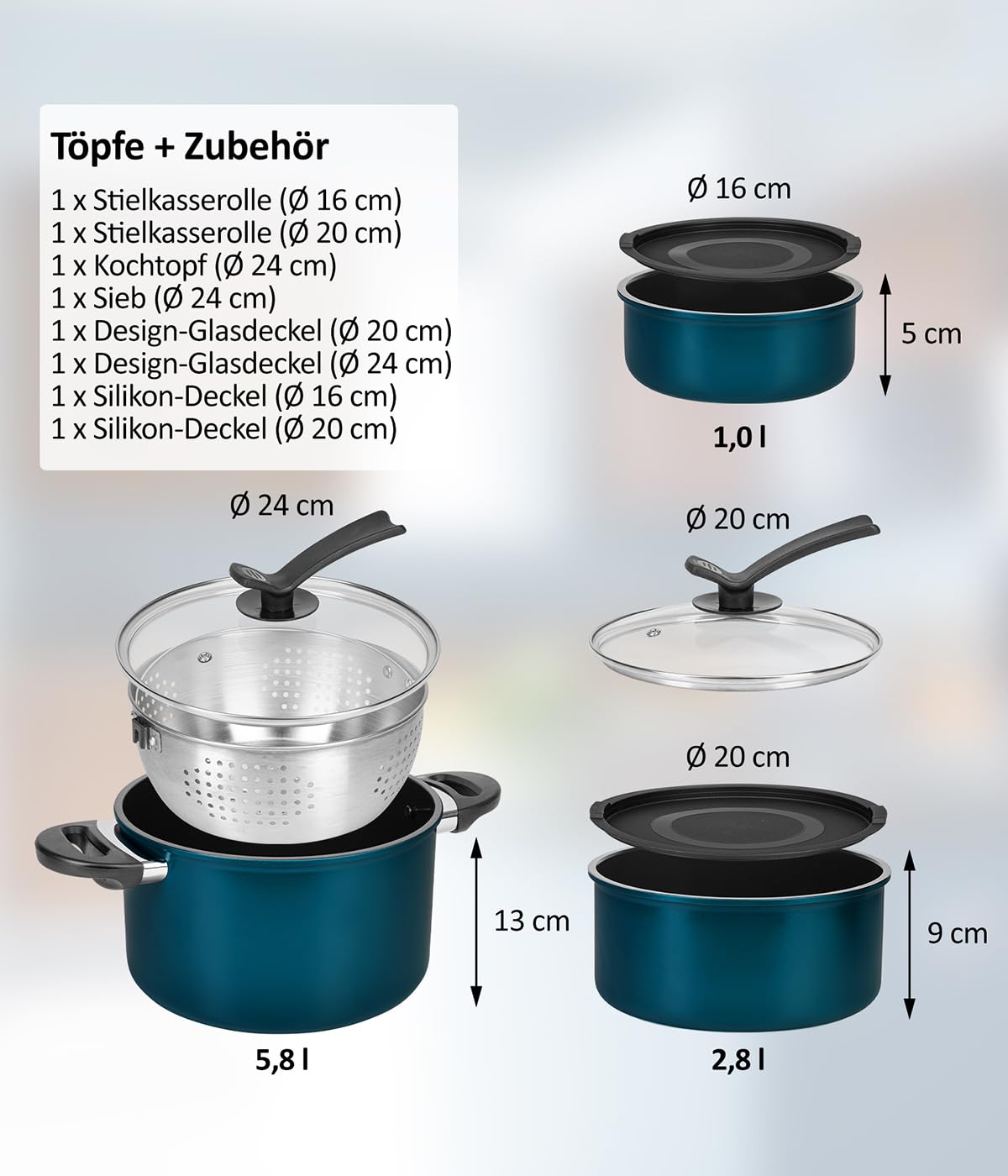 Kochgeschirr Kelton 3 in 1 mit Pfannen, Töpfe, Deckel und Gemüseschneider 27 tlg., Kochgeschirr mit Pfannen und Kochtöpfen mit Antihaft Beschschichtung, PFOA & PTFE-frei, abnehmbarer Griff