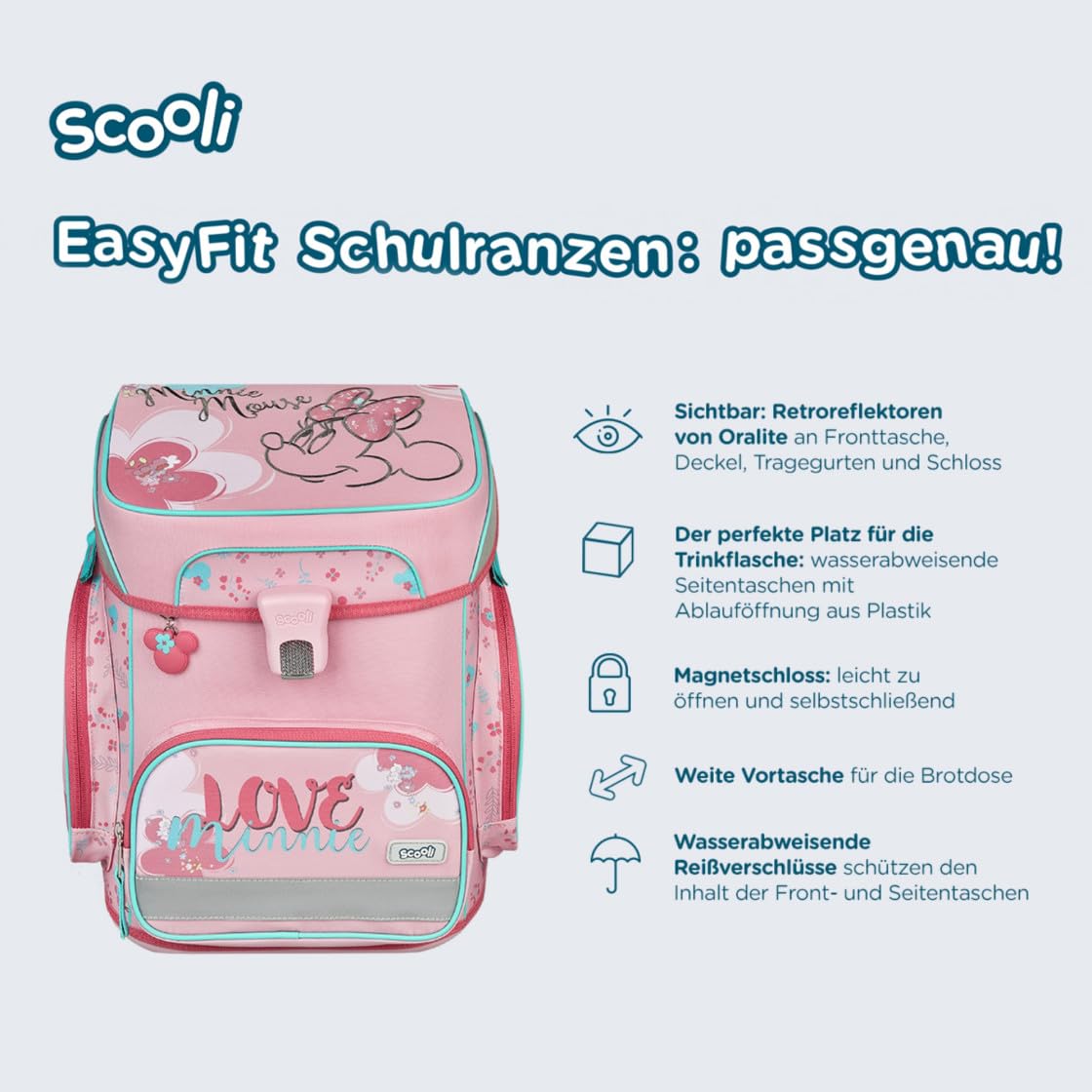 Undercover Schulranzen Set 5-TLG Disney Minnie Mouse Mädchen 1. Klasse - Mit personalisiertem Inhalt - Schultasche mit Turnbeutel Federmappe für Grundschule