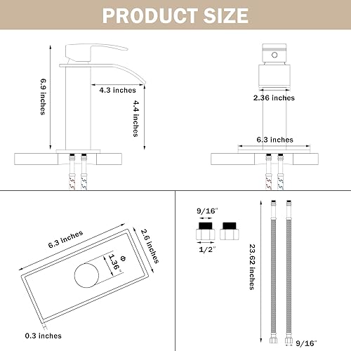 Miniatura 5 de Qomolangma Grifo de baño en cascada, negro y cromado, moderno, de una sola manija, para 1 o 3 agujeros, grifo mezclador de lavabo con cubierta y