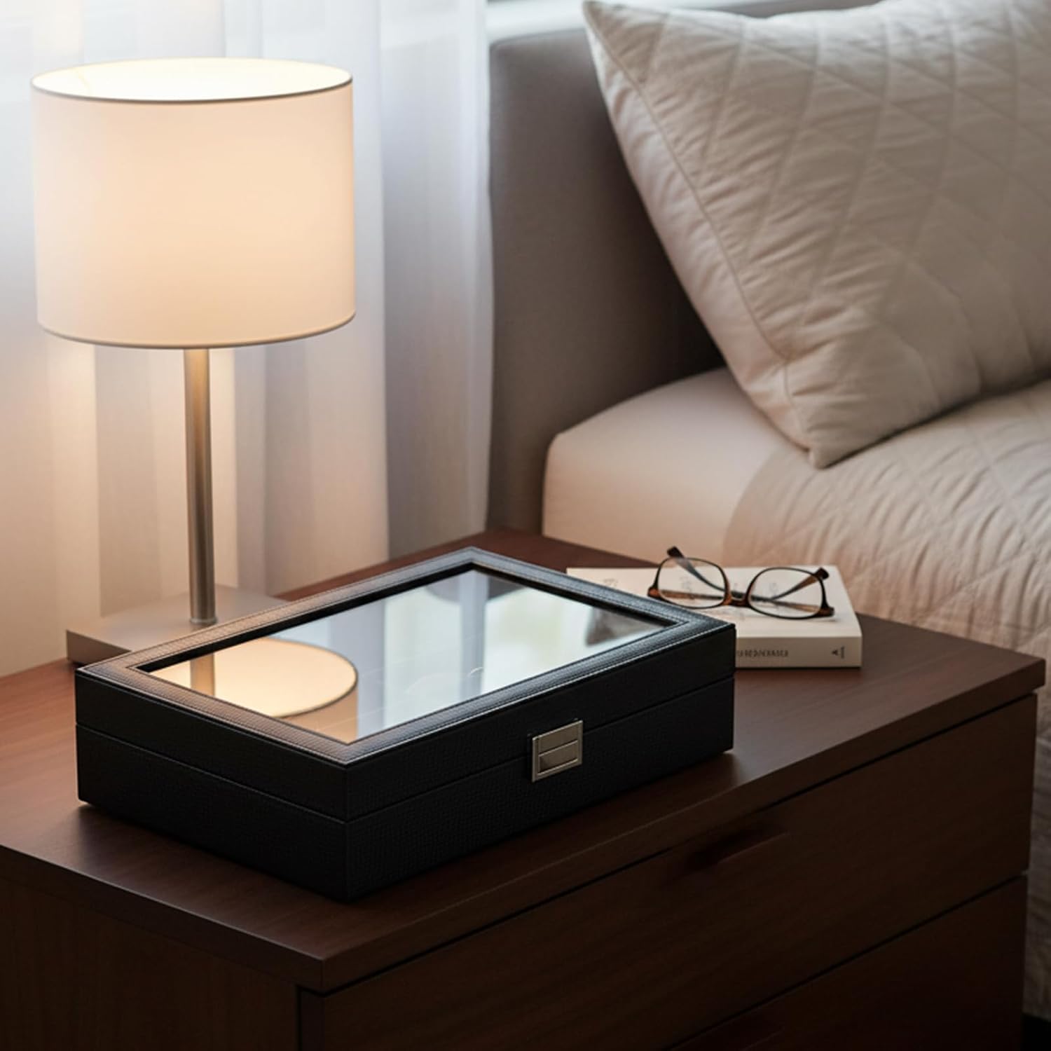 BEWISHOME Glasses Organizer for Men, Sunglasses Organizer, 8-Slot Sunglasses Storage Case with Large Clear Glass Lid, PU Leather Lined Eyewear Display Box - Image 7