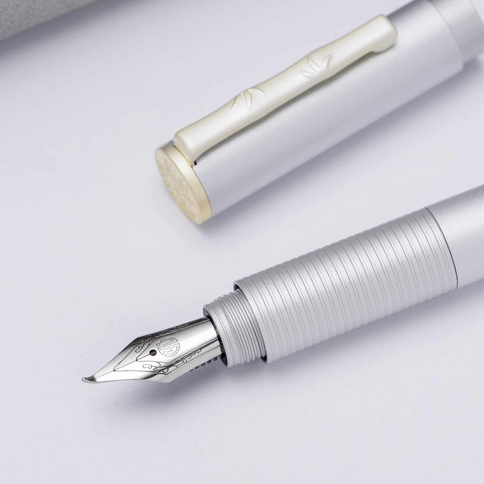 Hongdian H3 Fountain Pen Silver Bent Nib with Bamboo Pen Clip, Black Aluminum Alloy Writing Pen