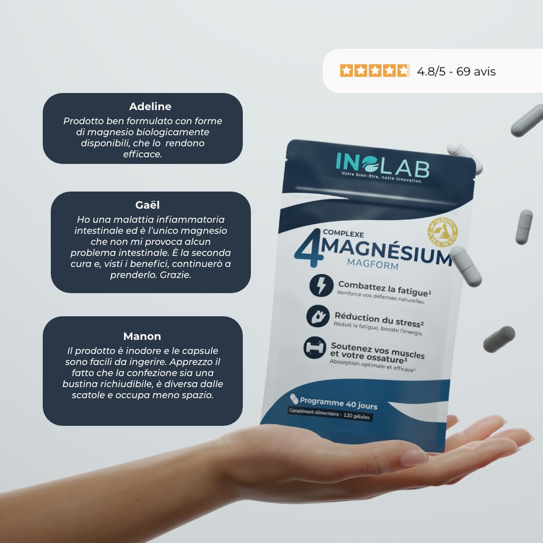 INOLAB Magnesio Completo 1980mg + B6 | 4 Forme Sinergiche: Magnesio Bisglicinato, Malato, Vegetale, Taurina Chelata | Alta Assimilazione e Tolleranza | 120 Capsule Senza Magnesio Marino