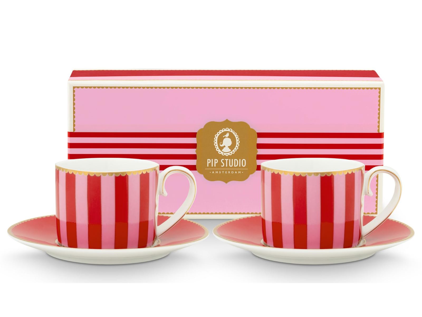 Pip Studio Love Birds Stripes Red-Pink Espressotasse mit Untertasse 0,125l Set2