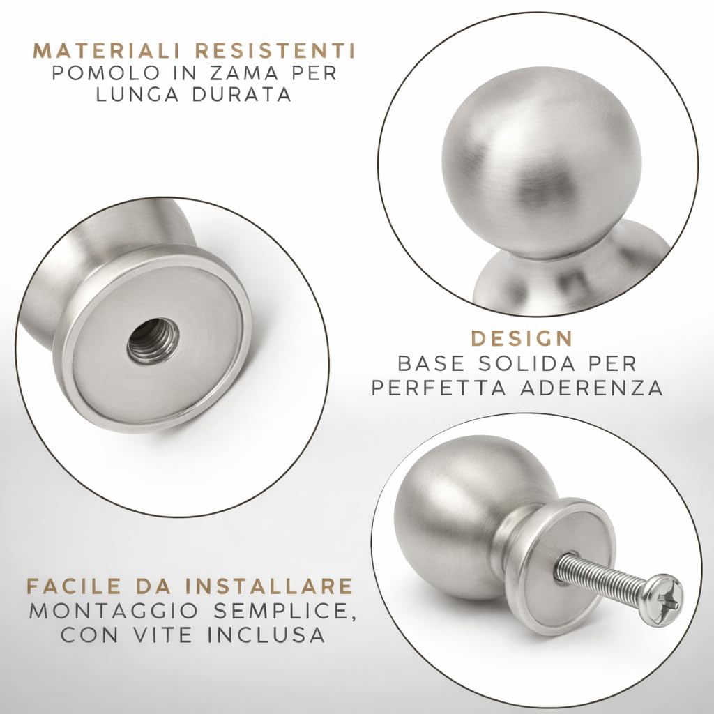Coppia Pomelli Rotondi per Mobili Porte Armadi Cassetti Comodini Ante - Pomolo Tondo per Mobili - Pomello Grande in Zama Color Cromo Satinato