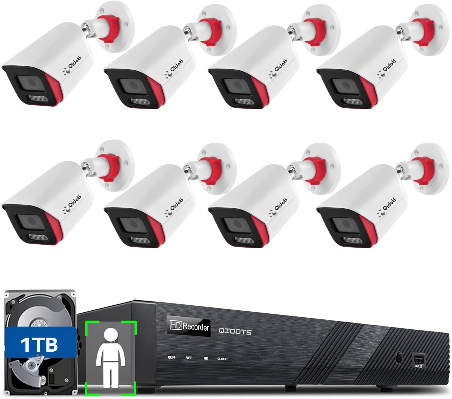 QIDOTS 8 Channel CCTV Combo Set 4K 8 MP IP Bullet Cameras with 8 Channel NVR 8pc Metal Body Bullet IP Camera ColourVu Dual Mode with 1TB Hard Disk with 8-Port POE Switch