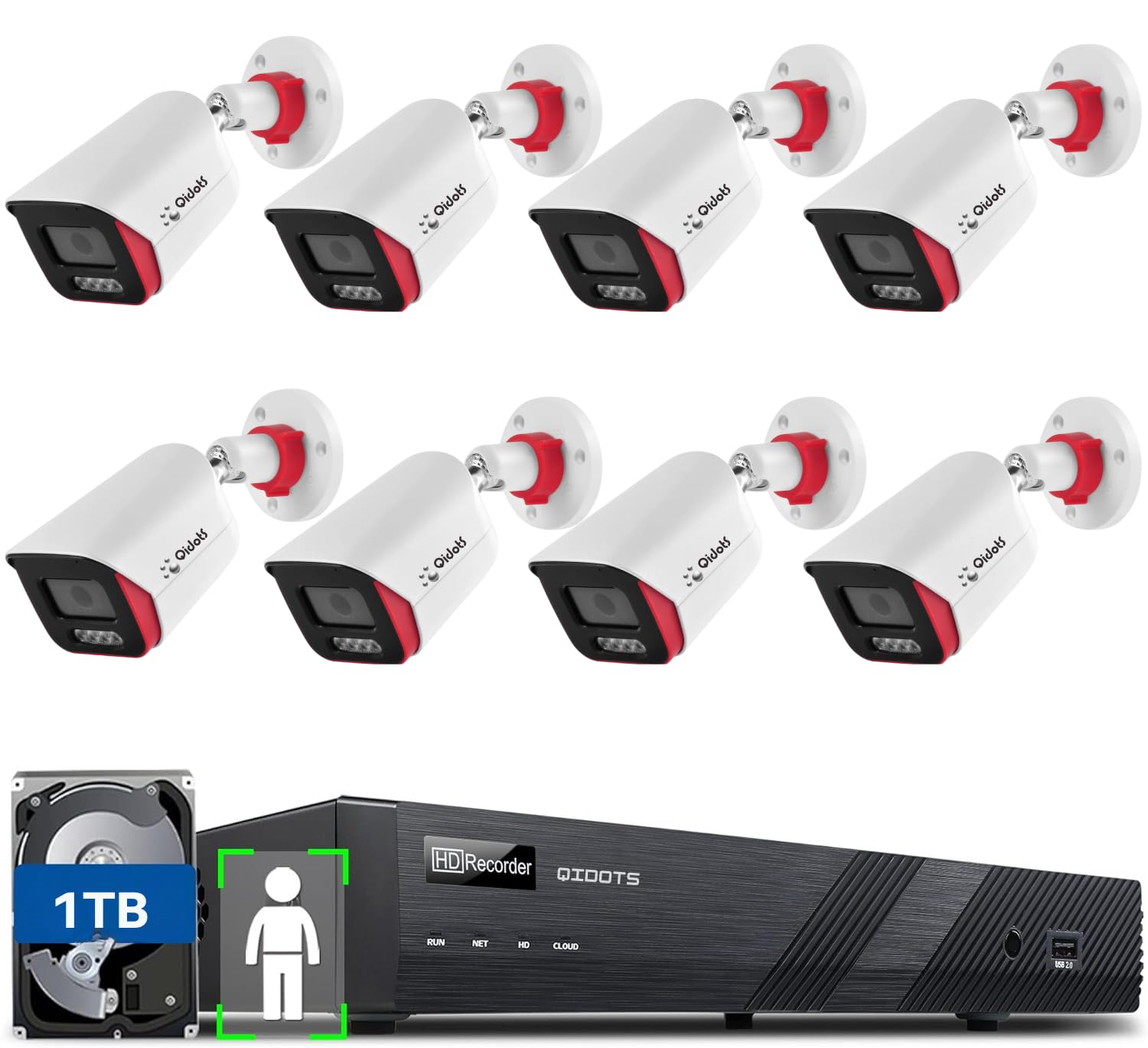 QIDOTS 8 Channel CCTV Combo Set 4K 8 MP IP Bullet Cameras with 8 Channel NVR 8pc Metal Body Bullet IP Camera ColourVu Dual Mode with 1TB Hard Disk with 8-Port POE Switch