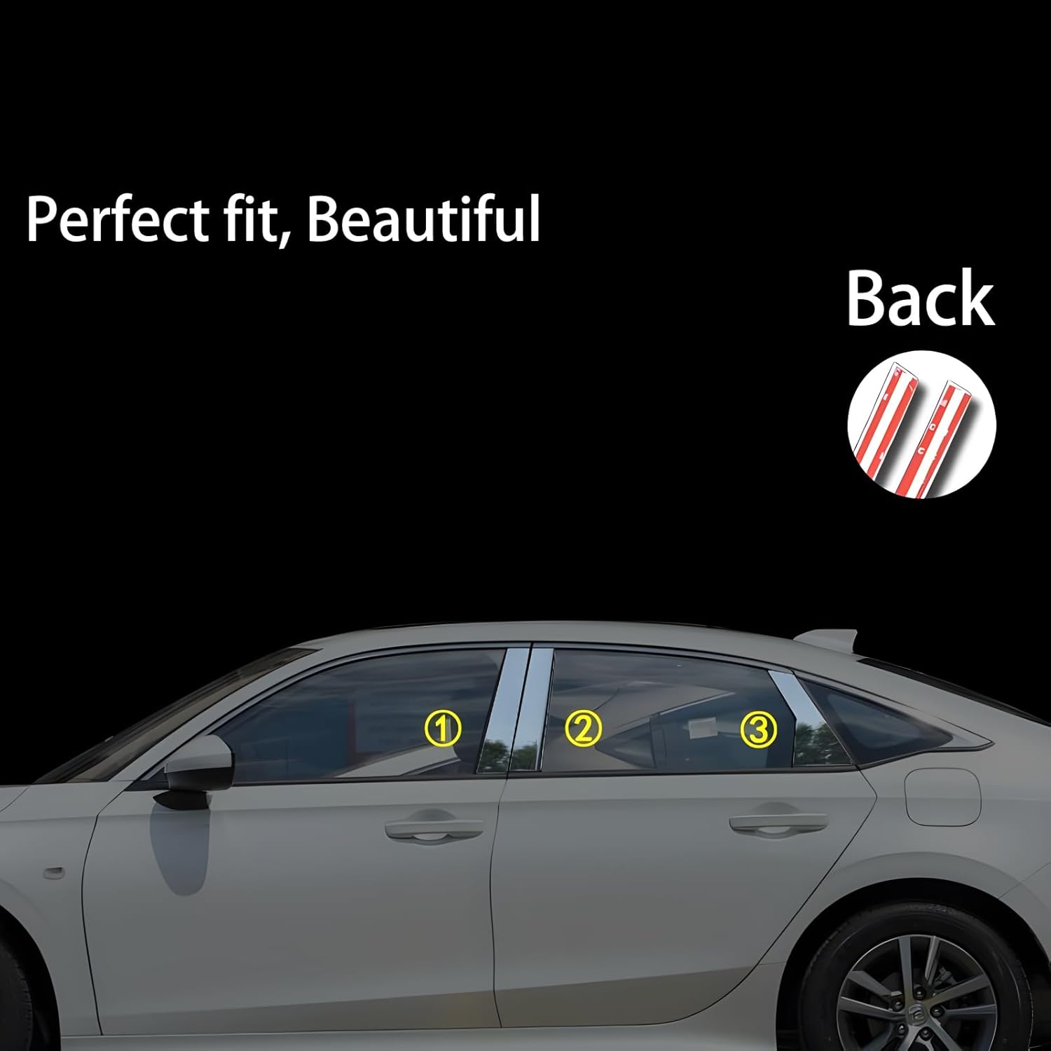 6 PCS Stainless Steel Glossy Black Window Pillar Post Trims for Honda 11th Gen Civic 4-Door Sedan 2022 2023 2024 2025,Body Exterior Accessories,Window Center Pillar Decorative Decals