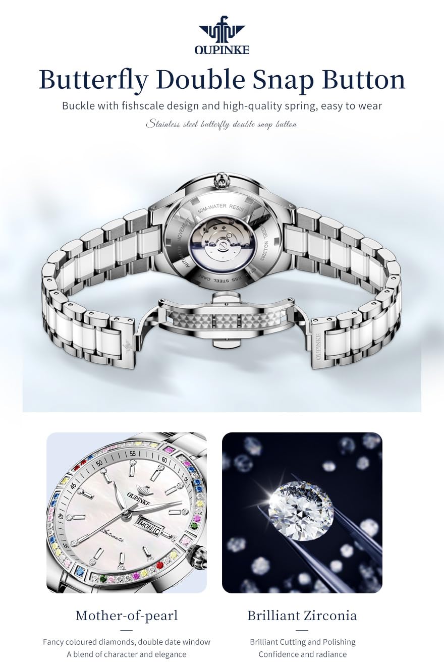 OUPINKE Relojes automáticos para mujer, con diamantes coloridos, elegante, de lujo, oro rosa, mecánico, cristal de zafiro, reloj de pulsera, 3283: blanco