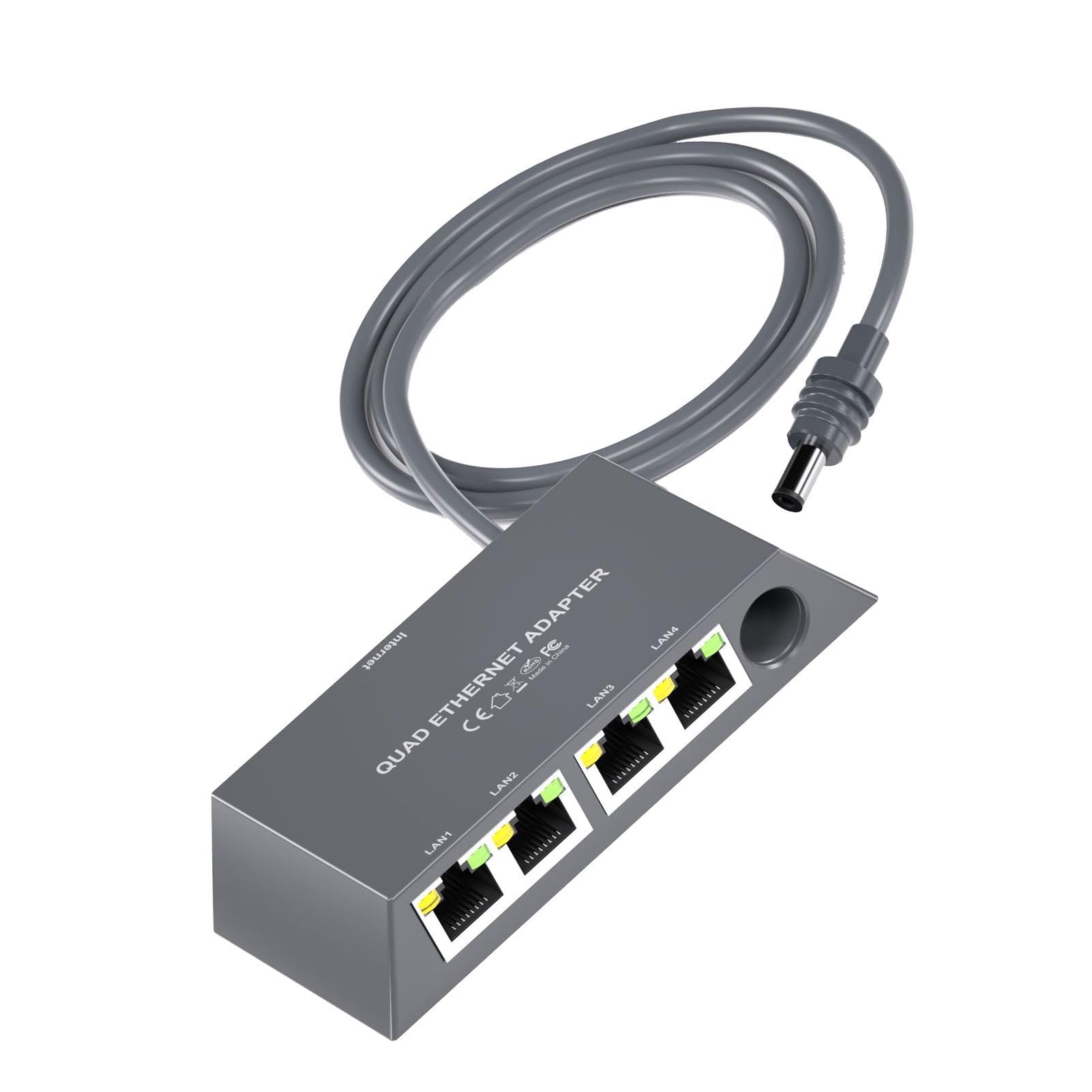 Adapter Ethernet 3. Generacji, 4-portowy Adapter Sieciowy z Kablem Ethernet, Przewodowe Zewnętrzne Urządzenie Sieciowe ze Stabilnym Połączeniem, Idealny dla 4 urządzeń Połączonych w sieć o