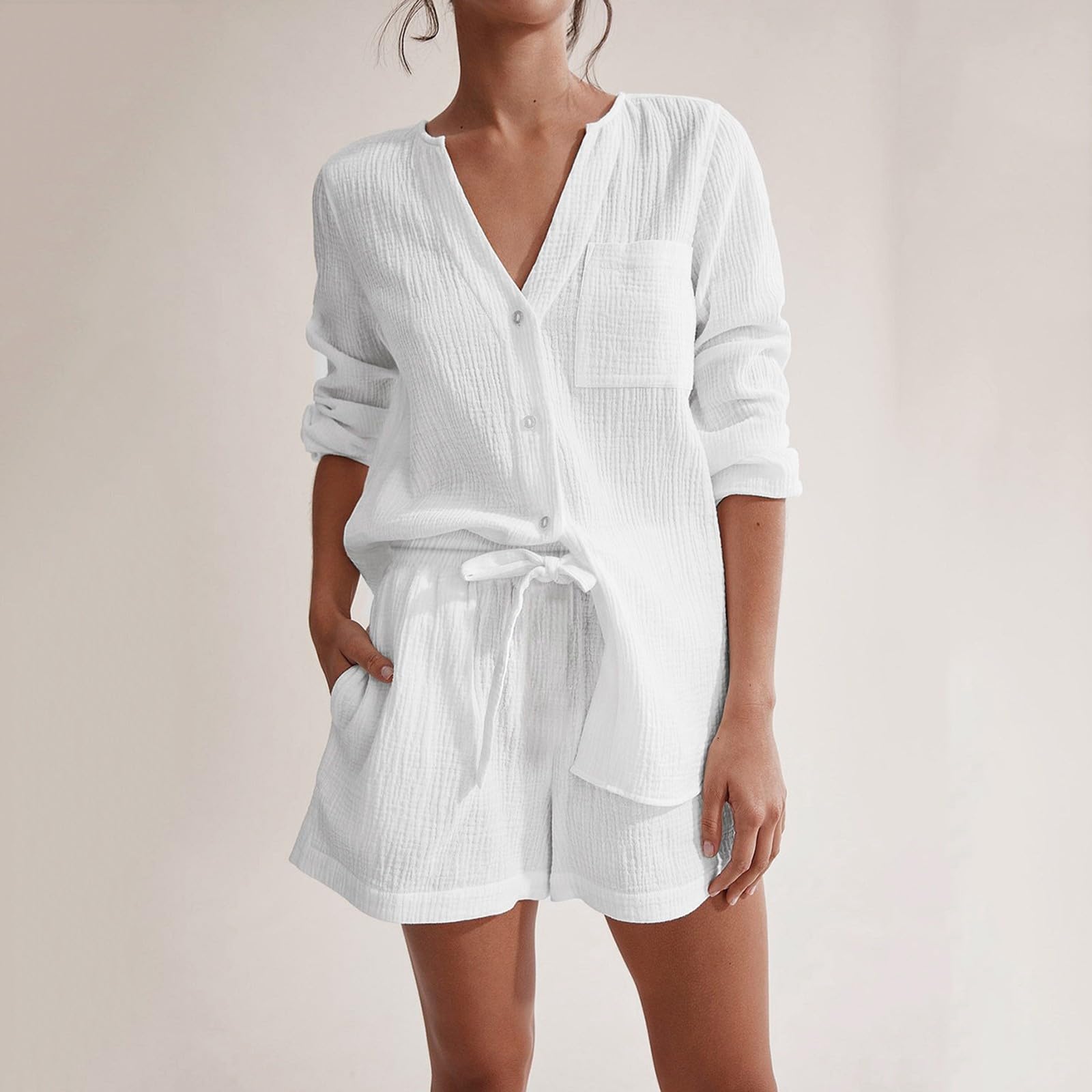 Musselin Zweiteiler Damen, Musselin Bluse und Shorts, Lounge Set Turnup Langarm Leinen Set Leichte Luftig Sportanzüge Einfarbiges Mode 2 Teiler Clothes Kleidung Casual Lose Strand Outfit Set Urlaub