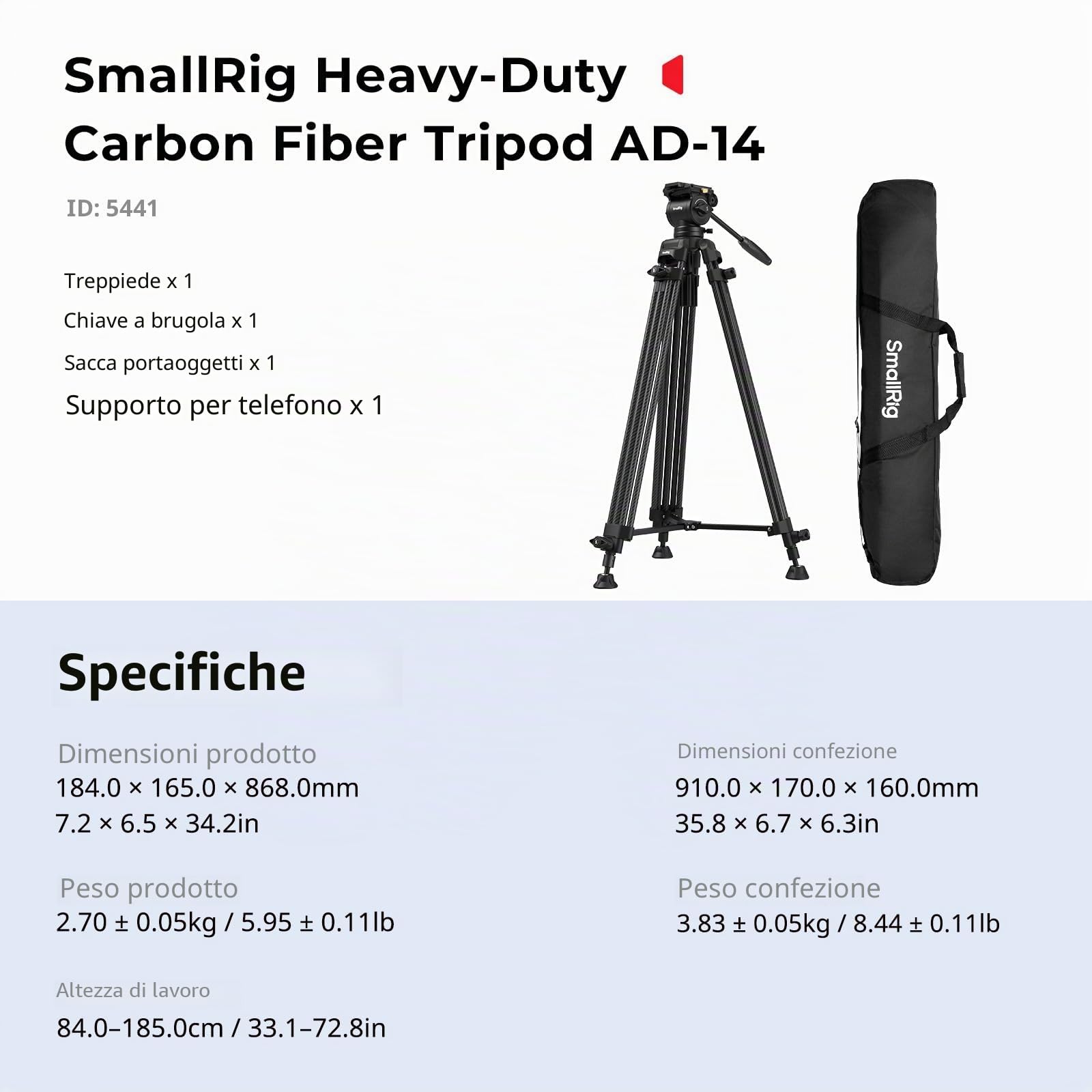 SMALLRIG Treppiede video in lega di alluminio per impieghi gravosi da 73''/186 cm, carico massimo 8 kg, testa fluida con inclinazione da +85° a -78°, peso del treppiede da viaggio compatto 3,1 kg-5441