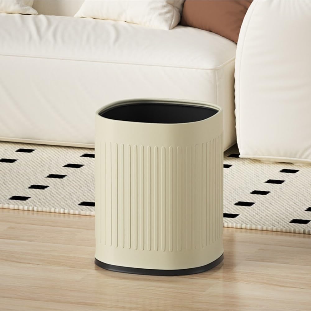 Cestino gettacarte rotondo in metallo con coperchio aperto, capacità 12 litri, con contenitore interno rimovibile, for bagno, soggiorno, camera da letto, cucina(Beige)