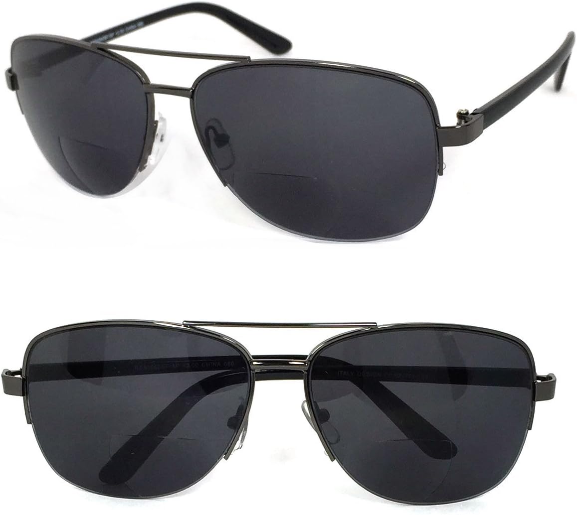 VeryHobbyRetro Mens Pilot Semi Rimless 60mm Bifocal Tinted Sun Reader Reading Sunglasses (+1.50, Gun Metal)