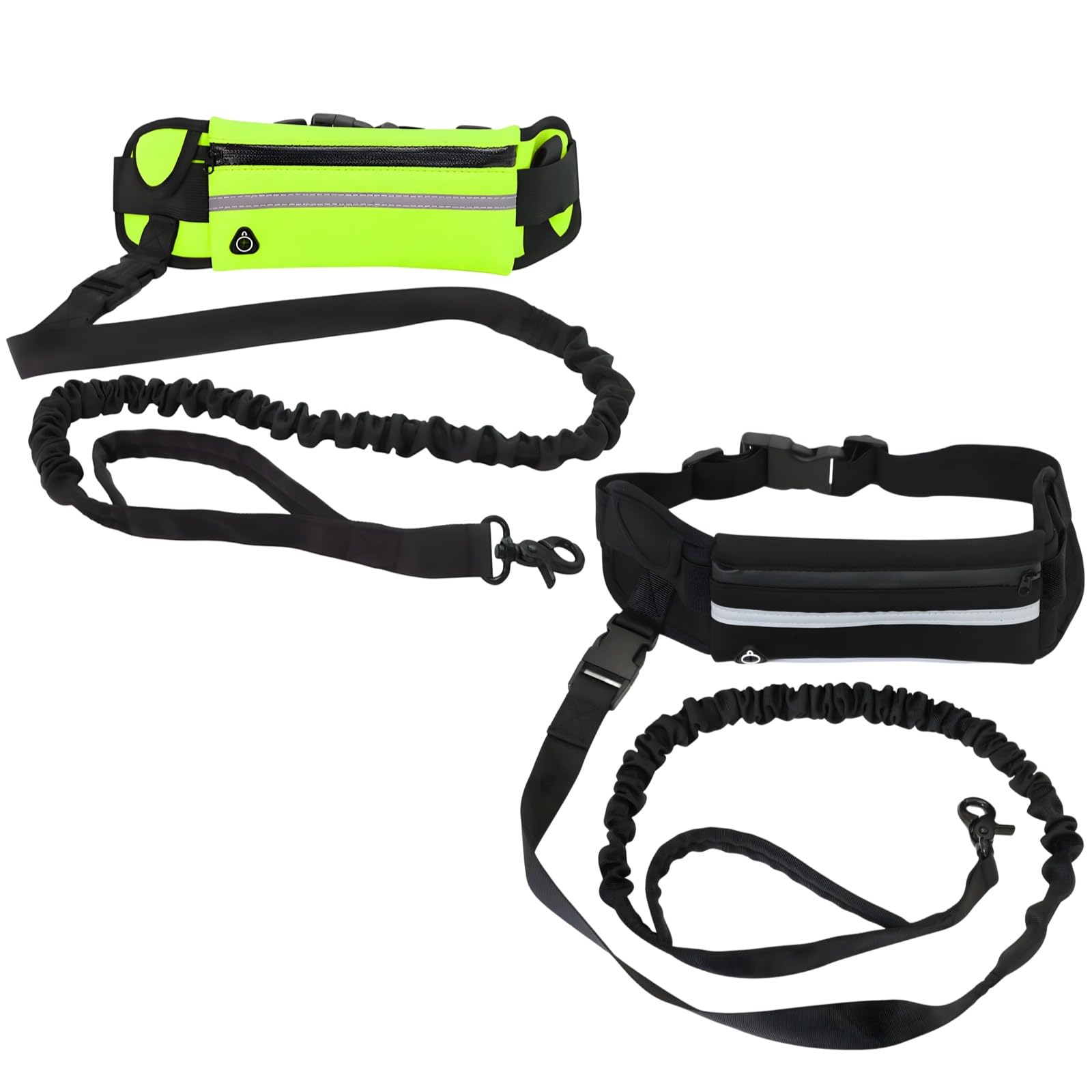 Juego de 2 correas para perros manos libres, correa elástica reflectante con cinturón de cadera ajustable, bicolor con bolsillo con cremallera, 125 cm, negro y amarillo fluorescente