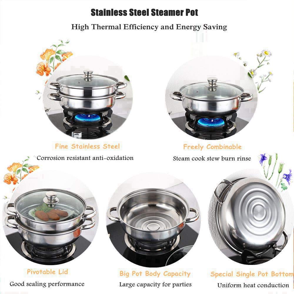 Cuiseur vapeur en acier inoxydable, 2 couches Double couche marmite vapeur avec couvercle Batterie de Cuisine cuiseur double chaudière soupe pot à vapeur 27 x 27 x 19,5 cm