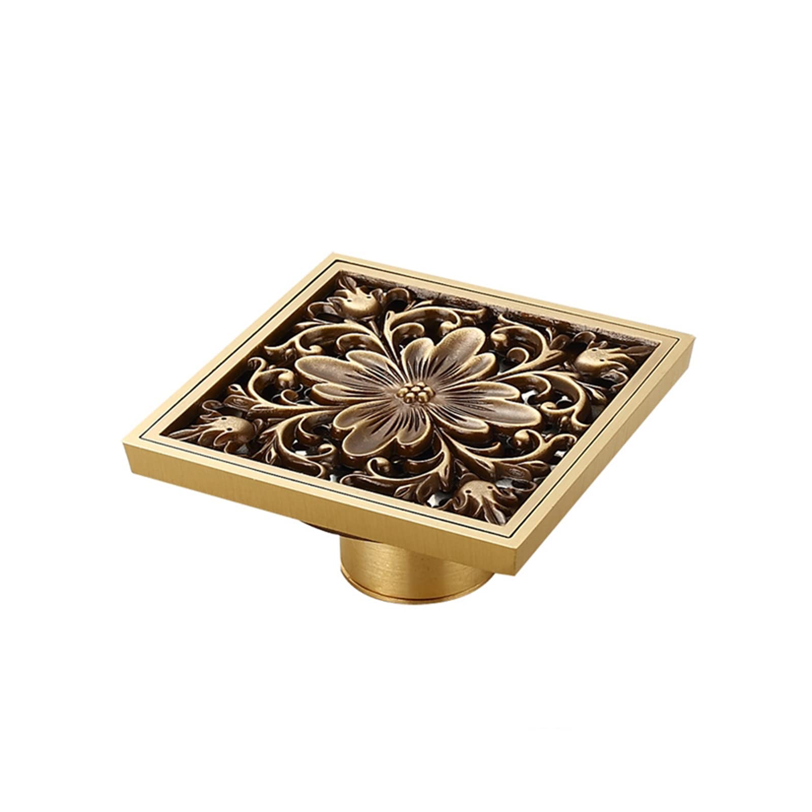 BKHsgDXJ Shower drain filter cover, 4inch Square Shower Antique Brass Art Carved Flower Floor Wast Grate Drain Cover