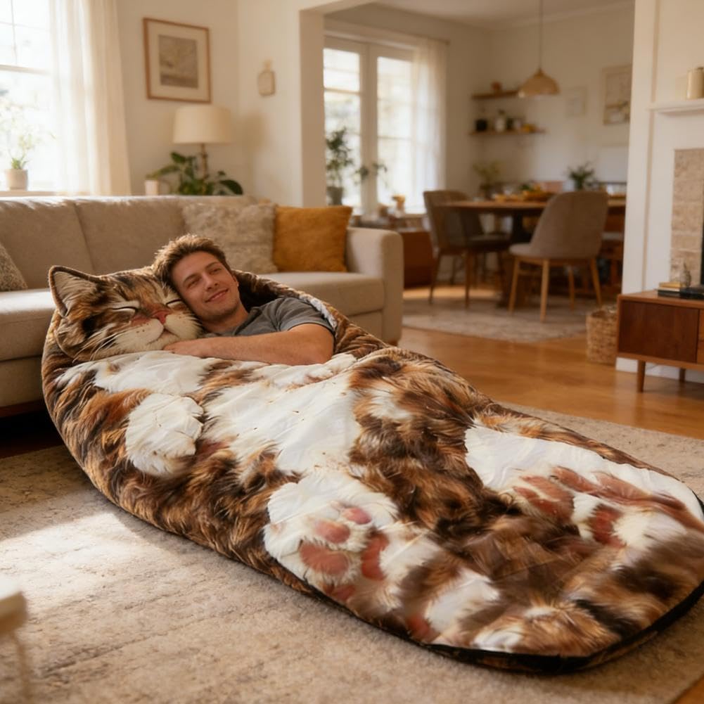 Cat Sleeping Bag for Adult, Adorable Cat Envelope Sleeping Bag, Washable Soft Plush Fluffy Sleep Bags Warm Blanket Camping Travel Sleepovers (Brown C 1pcs/68.9x31.5inch)