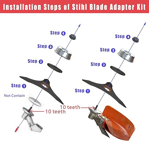 Miniatura 5 de Cuchillas Cortadoras de Maleza de Acero al Carbono de 10" x 3 Dientes, Cabezal de Cuchilla Recortadora de Maleza con Kit Adaptador para Cuchilla