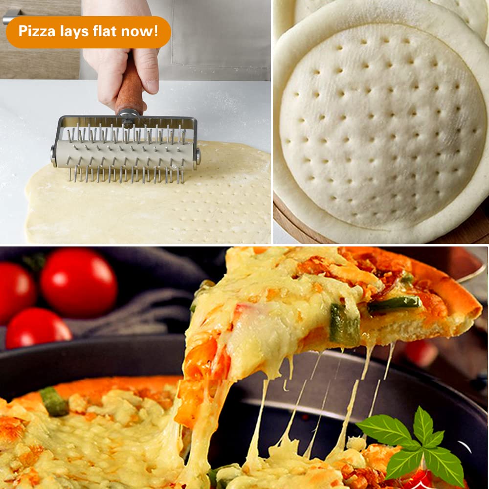 Stainless Steel Dough Docker with Wood Handle, Time-Saver Pizza Roller Docker, Bread Pin Puncher, Pizza Wheel for Pie Pastry - Image 3
