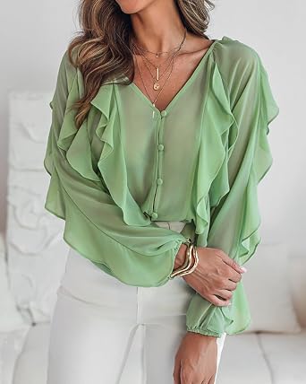 CHICME Women's V Neck Ruffle Blouses Button Down Semi-Sheer Dressy Casual Top Fashion Long Sleeve Fall Chiffon Shirt
