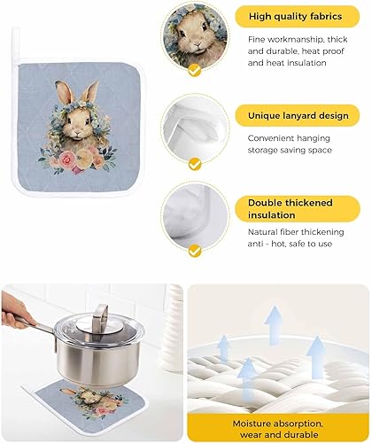 Miniatura 2 de 5 Packs Easter Blue Bunny Pot Holders Sets for Kitchen,Oven Pan Plate Bowl Pads Heat Proof Mat with Hanging Loop,Terry Cloth Potholders Soft Grip
