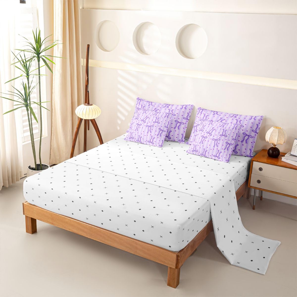 Loussiesd Copripiumino con lenzuola, 7 pezzi, per letto singolo, con grazioso fiocco kawaii, cuori, letto in una borsa, per bambini, ragazzi e ragazze, set di biancheria da letto a righe geometriche