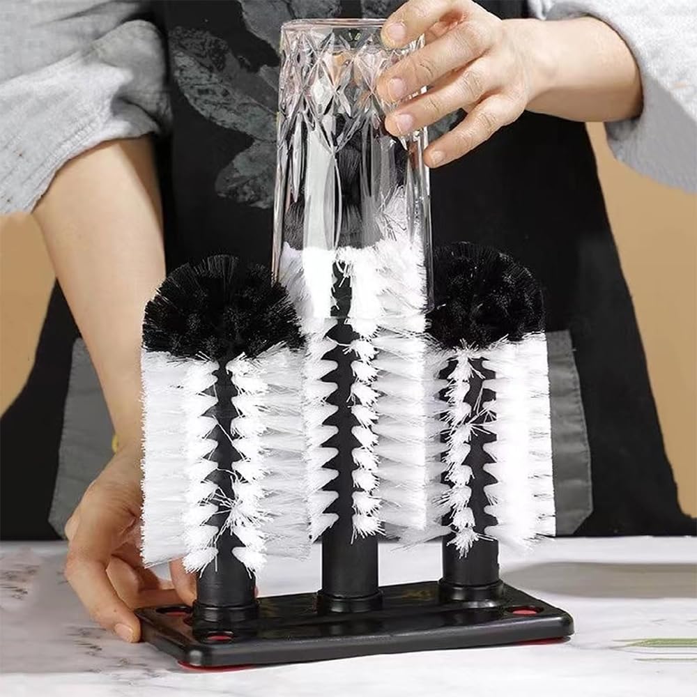 Alnicov Spazzola per Pulizia Bottiglie d'Acqua, lavavetri con Spazzola a setole a 3 Teste, con Base di aspirazione per Tazza a Gamba Lunga, Bicchiere da Vino Rosso, Tazza da Birra da Bar da Cucina