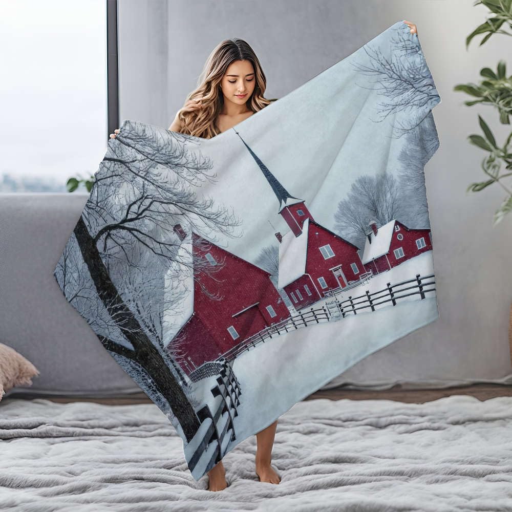 Jeté de lit en flanelle haut de gamme au motif de granges rouges